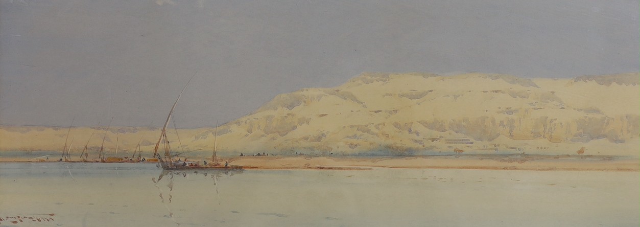 Augustus Osborne Lamplough, A.R.A., R.W.S (1877-1930), pair of watercolours, Dhows along The Nile and Camel train in the desert, signed, 23 x 61cm